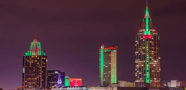 The Mobile skyline lit up for Christmas