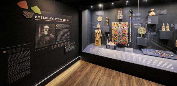 African artifacts in a display cabinet