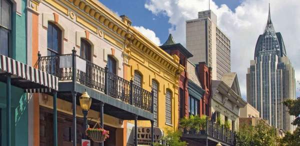 colorful buildings on Dauphin Street in downtown Mobile