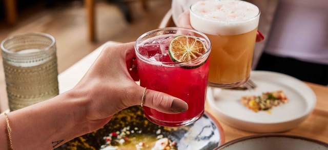 Two people dine and say cheers at the Michelin-starred Alma Fonda Fina restaurant in Denver, Colorado.