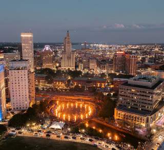 WaterFire, Proivdence, RI aerial view from a drone