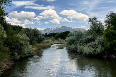Looking down a tranquil river, bordered on each side by sage and trees to a Mountain view framed by fluffy clouds