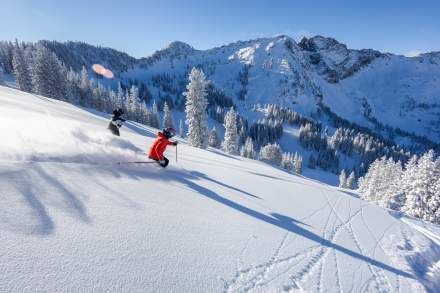 Two skiers gliding down a mountain with fresh snow, mountains in the background