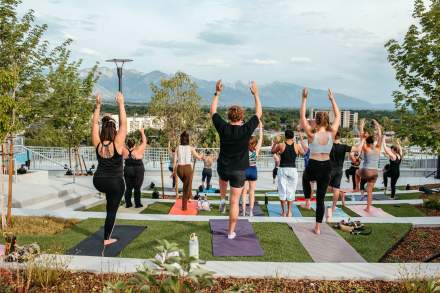 People doing yoga at the Salt Lake City Public Library.