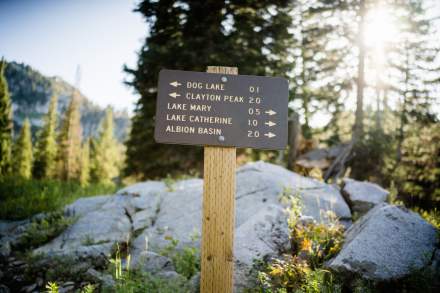 Image of a hiking sign indicating Lake Mary Hike, Clayton Peak, Dog Lake, Lake Catherine and Albion Basin