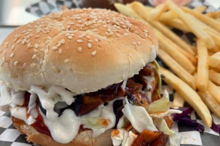 Image of a burger at Vegan Daddy Meats.