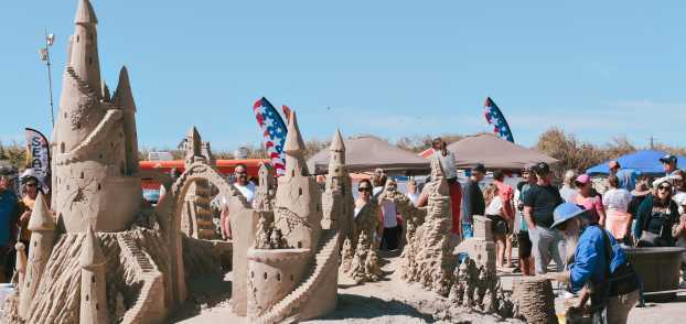 In the foreground, the back of a sandcastle is visible. In the background, the sculptor kneels over his project while a crowd watches and strolls by.
