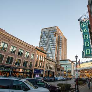 Fargo theatre and rdo tower in Downtown Fargo