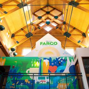 interior of visitors center with colorful mural