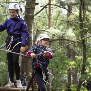 Children climbing ropes amongst the trees at Wild Pines in Lincoln