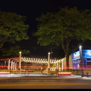 Nighttime image of North Ave with lights blurred