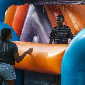 Kid smiling at his mom from inside a water obstacle course at the Fun in the Park event