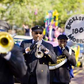 Brass band marching in a Mardi Gras parade