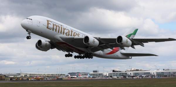 Emirates A380 landing at Birmingham Airport