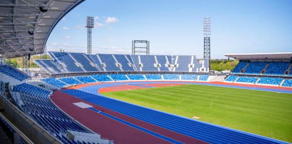 The inside of the Alexander Stadium in Perry Barr, with visible running track and spectator stands