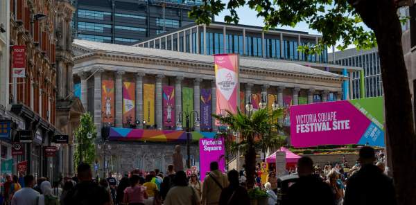 Victoria Square Birmingham dressed for 2022 Commonwealth Games