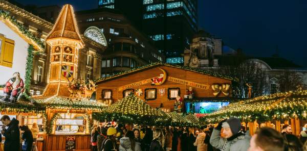 The bright lights of the Christmas market light up the night in Birmingham