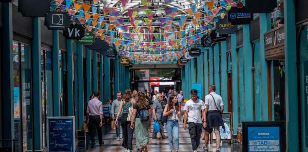 A view down the Great Western Arcade in Birmingham, decorated for the Commonwealth Games.