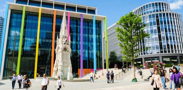 The clock tower and fountain of Paradise in Birmingham during the 2022 Commonwealth Games