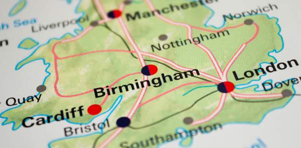 Map of the UK highlighting major cities including Birmingham