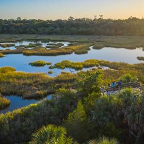 A family searches for native wildlife atop a viewing platform on Little St. Simons Island, GA