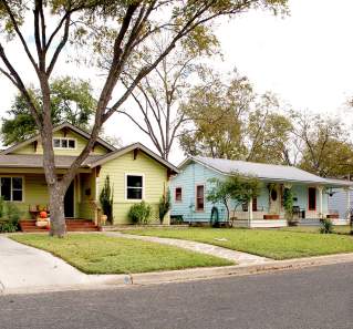 Street of colorful houses, showcasing an example of an Austin neighborhood for films.