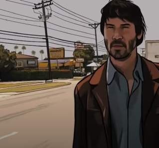 A Scanner Darkly screengrab showing Keanu Reeves walking down a street
