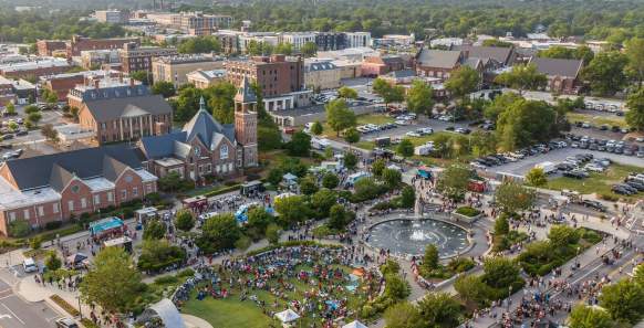 An aerial view of downtown Rock Hill including fountain park