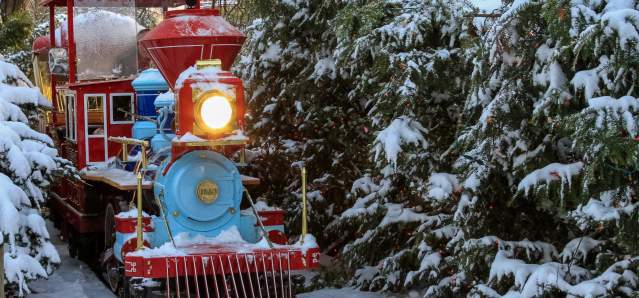 A red and blue train winds through a snowy path.