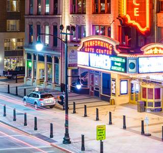 Providence Performing Arts Centre neon lights and street view
