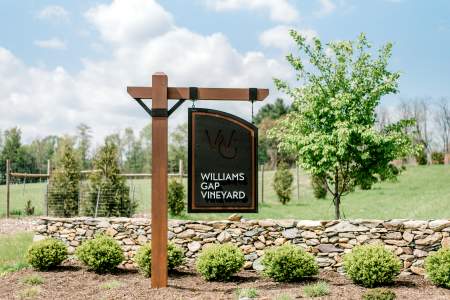Entrance sign for Williams Gap Vineyard surrounded by stone wall and green grounds in Round Hill, Loudoun
