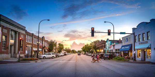 State Street in Geneva, Illinois at sunset