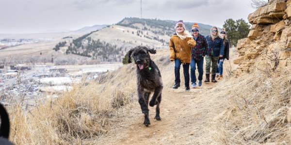 family hiking the trails of skyline wilderness area with dogs