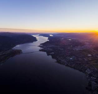 Aerial view of Kelowna, BC at sunrise