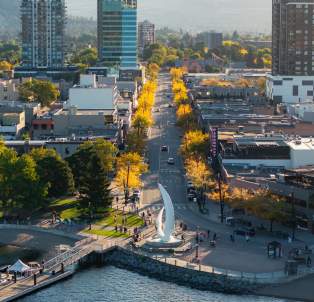 Bernard Avenue Downtown Kelowna during Fall Aerial 3