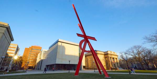 Large red sculpture outside of UMMA