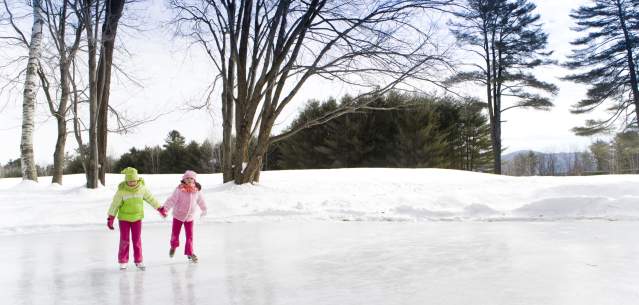 Two young children holding hands while ice skating on a frozen lake.