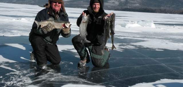 Two ice fishermen holding up fish they just caught while kneeling on a frozen lake.
