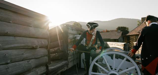 Soldiers loading a cannon at Fort William Henry Museum