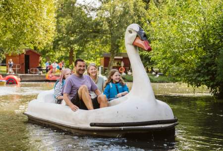 Family riding a swan pedalo in singleton park