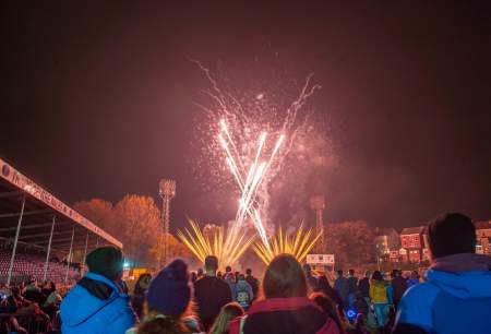 Crowds watching fireworks at st helens ground in Swansea
