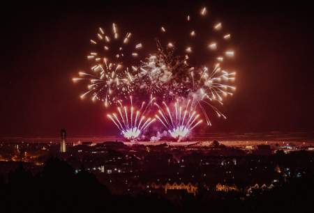 Fireworks over Swansea bay with the city in the foreground