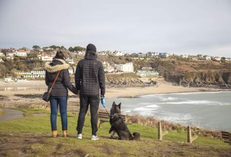 Couple walking their dog in the winter