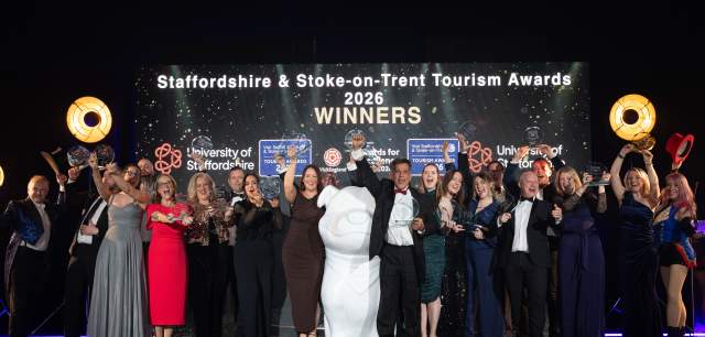 The winners of the 2026 Staffordshire & Stoke-on-Trent Tourism Awards celebrate their success on the stage