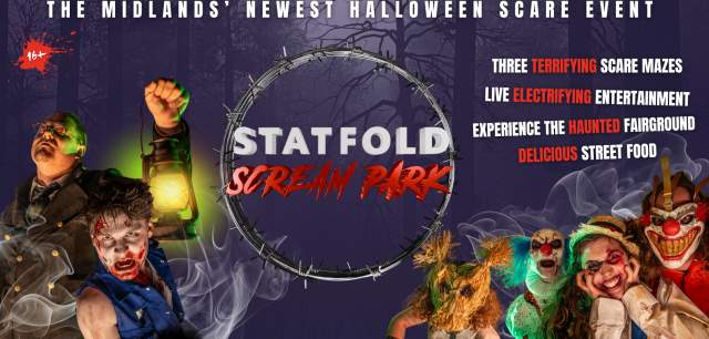 A graphic promoting Statfold Scream Park, with scary characters in costume and information on reasons to visit
