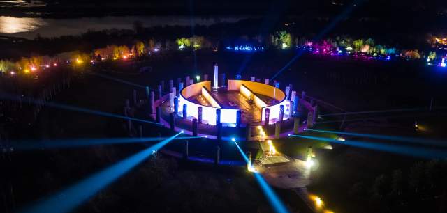 Aerial image of the Armed Forces Memorial during Illuminated Arboretum event at National Memorial Arboretum