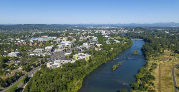 Looking toward UO Campus, downtown Eugene and Coastal Range along the Willamette River