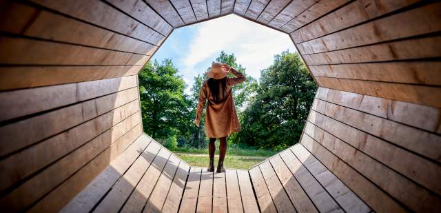 A solo visitor stands at an installation at Wakehurst in Sussex