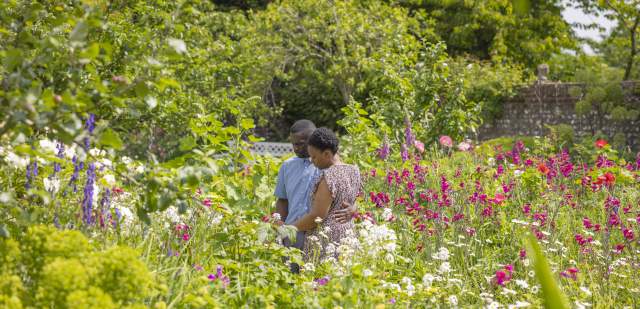 A couple stand in a wildflower meadow in the gardens at Charleston, Sussex