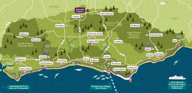 A graphic Map of sussex showing the whole county